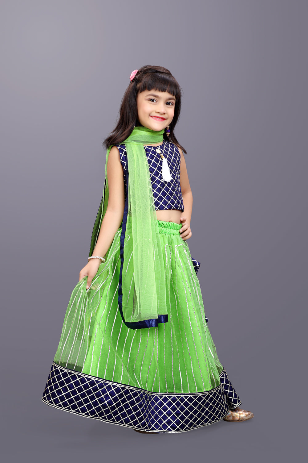 Girls Checkered Lehenga Choli and Dupatta Set