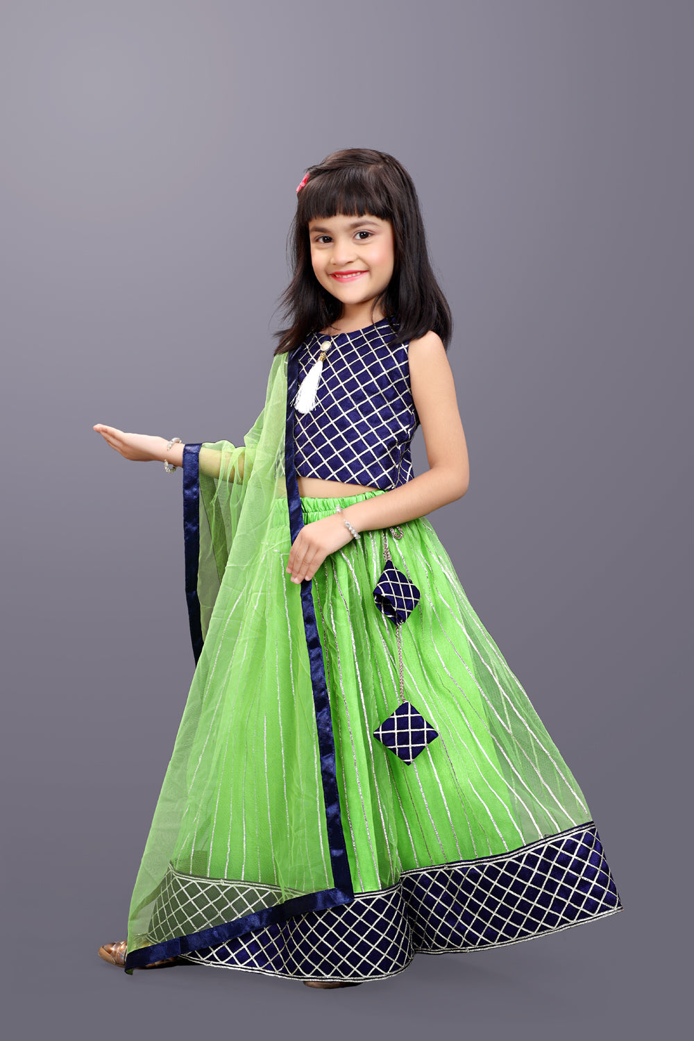 Girls Checkered Lehenga Choli and Dupatta Set