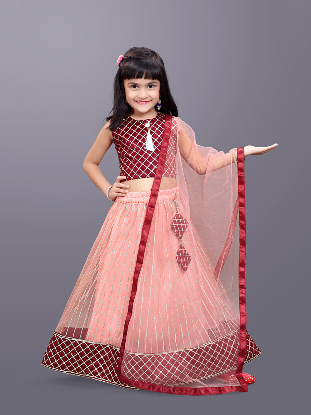 Girls Checkered Lehenga Choli and Dupatta Set