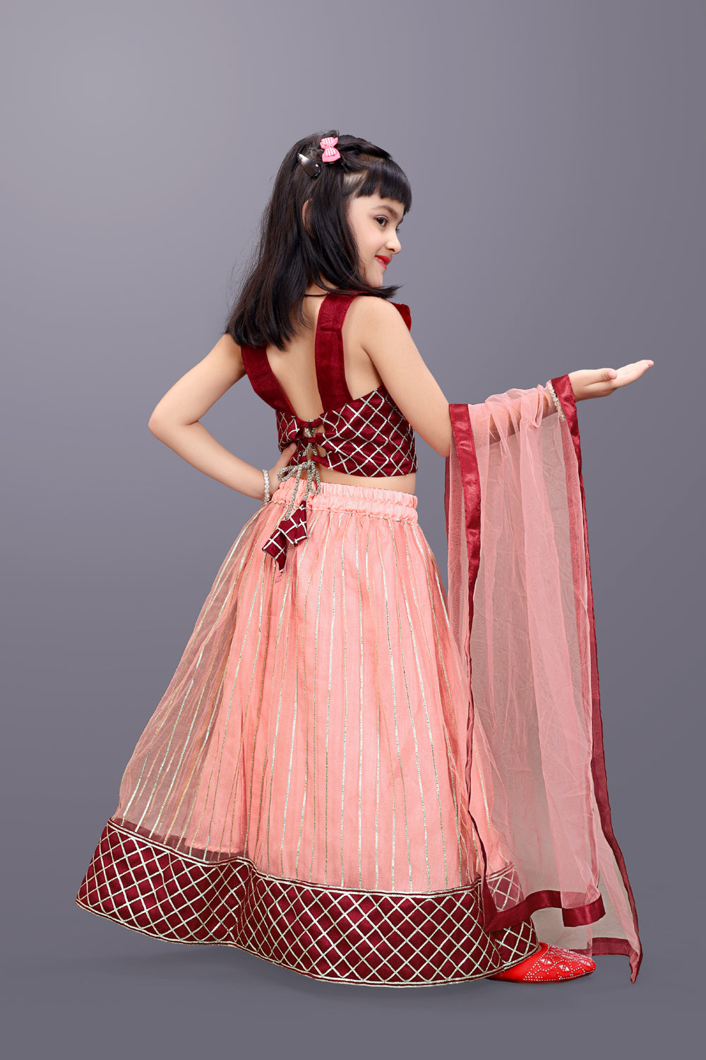 Girls Checkered Lehenga Choli and Dupatta Set