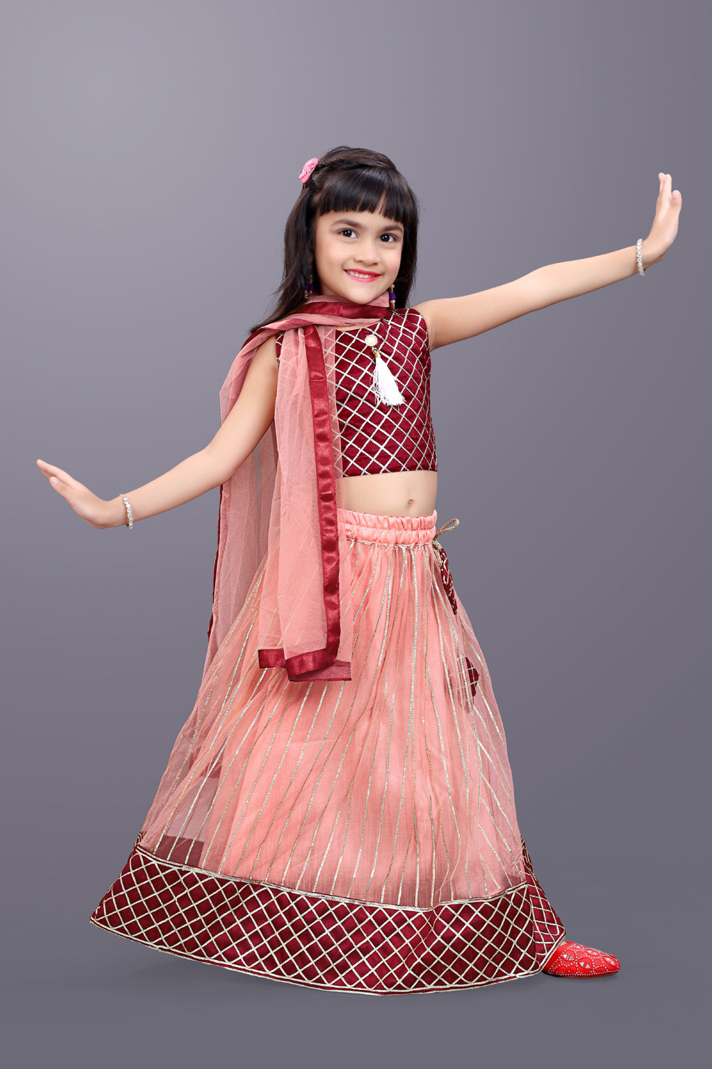 Girls Checkered Lehenga Choli and Dupatta Set