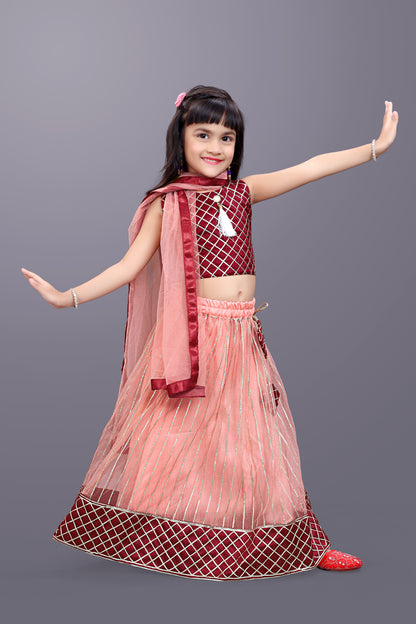 Girls Checkered Lehenga Choli and Dupatta Set