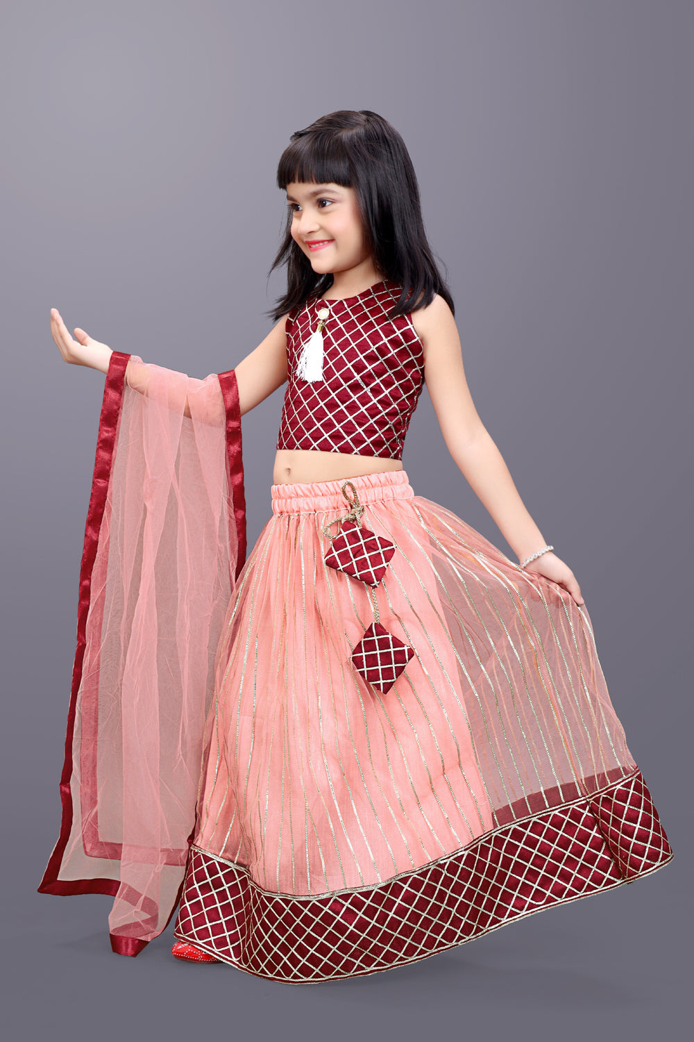 Girls Checkered Lehenga Choli and Dupatta Set
