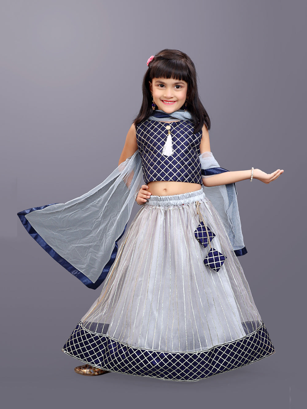 Girls Checkered Lehenga Choli and Dupatta Set