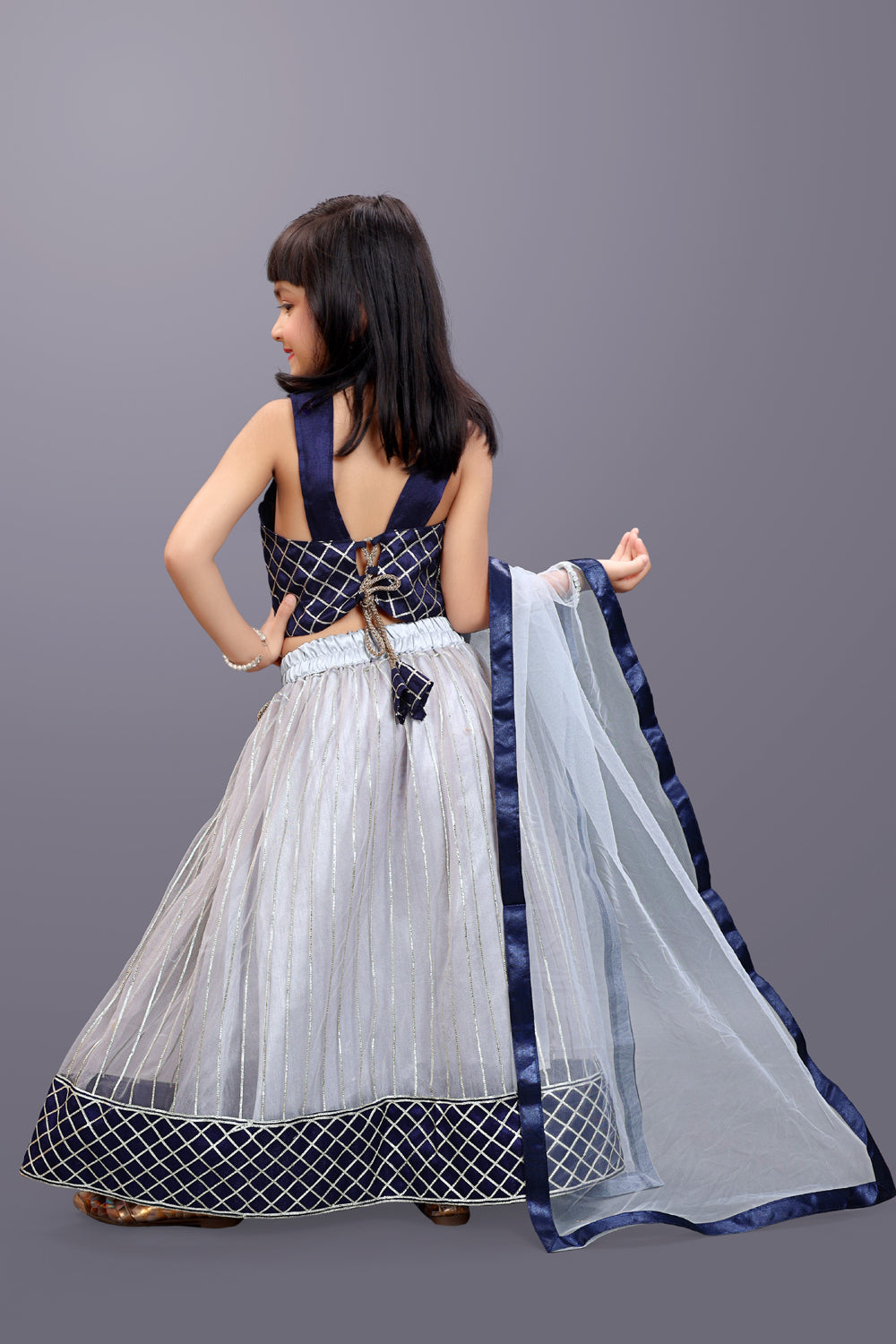 Girls Checkered Lehenga Choli and Dupatta Set