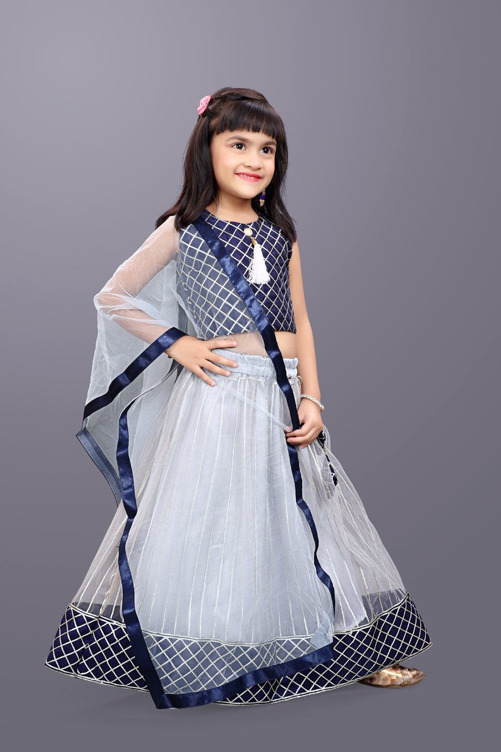 Girls Checkered Lehenga Choli and Dupatta Set