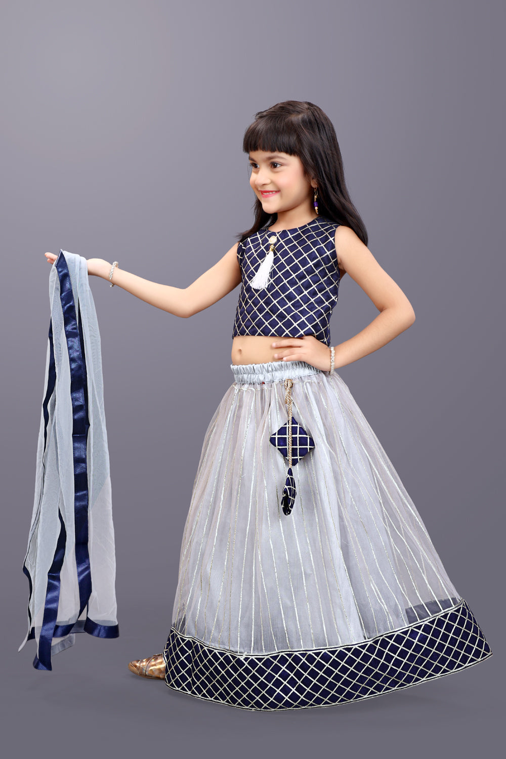 Girls Checkered Lehenga Choli and Dupatta Set