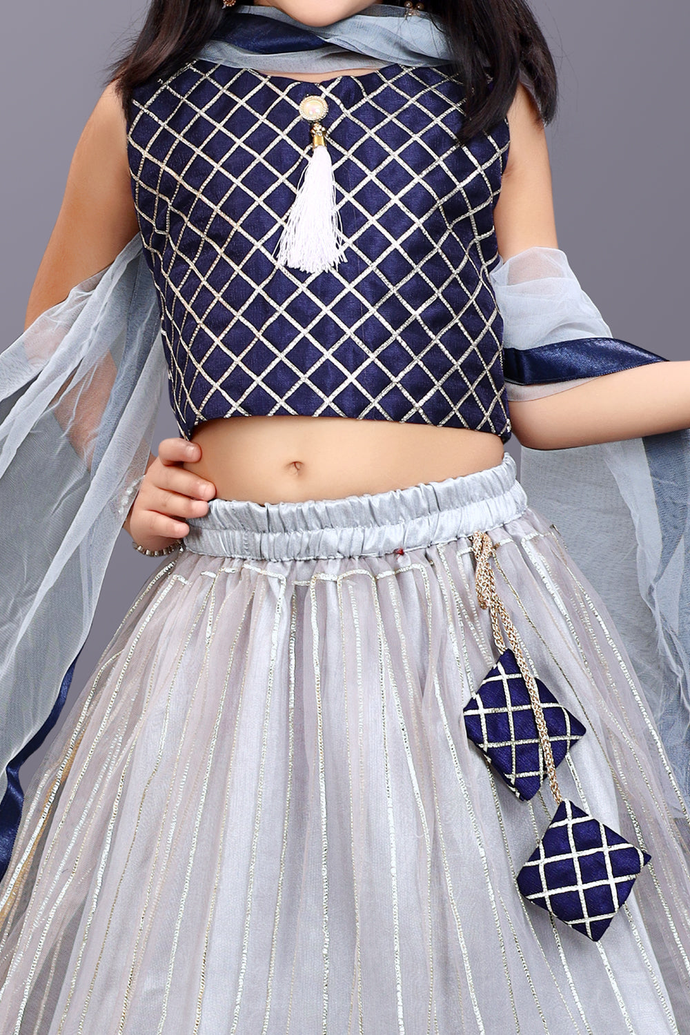 Girls Checkered Lehenga Choli and Dupatta Set