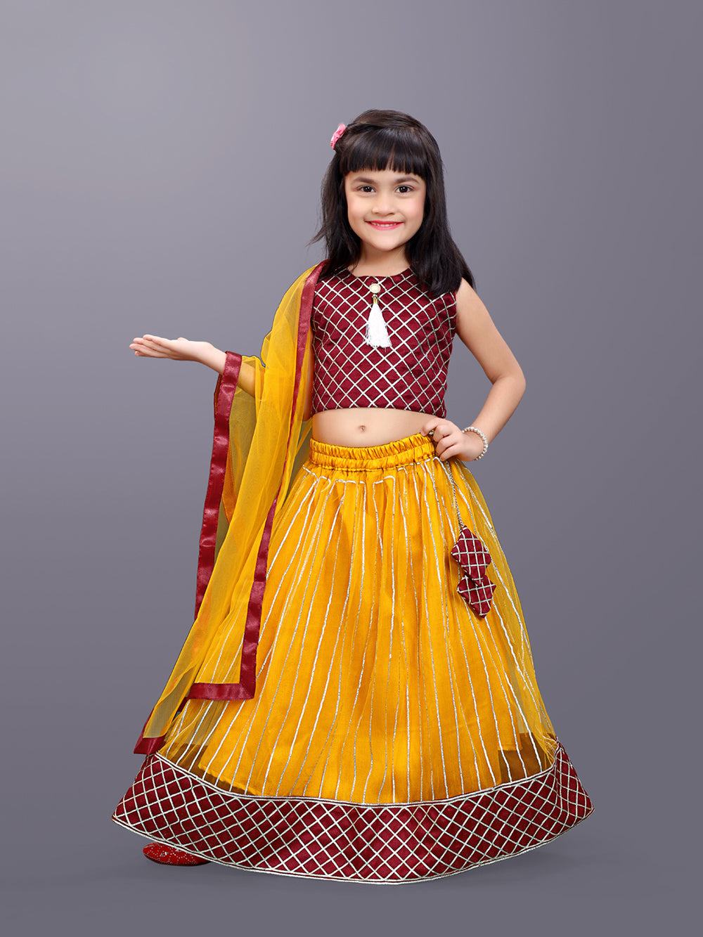 Girls Checkered Lehenga Choli and Dupatta Set