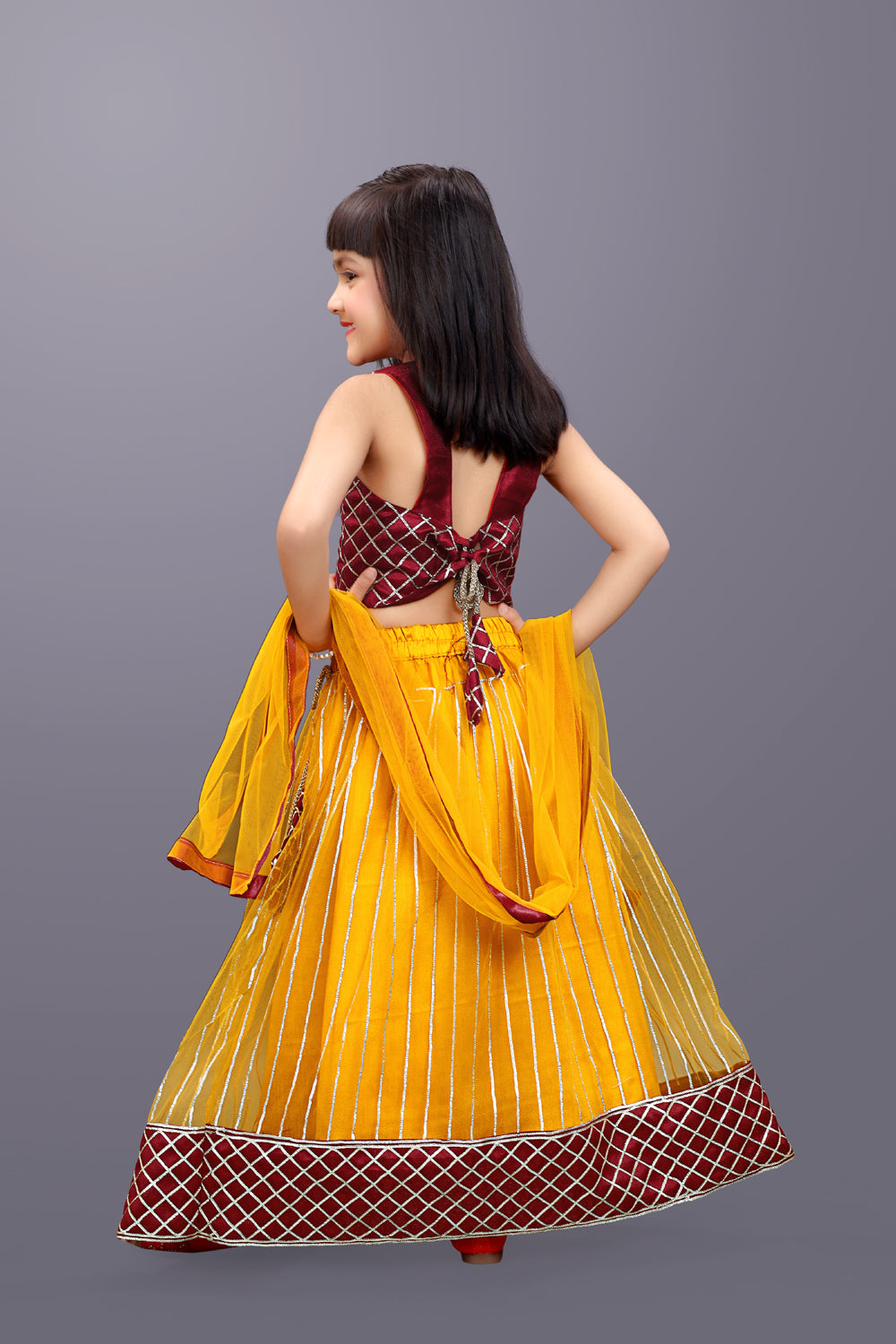 Girls Checkered Lehenga Choli and Dupatta Set