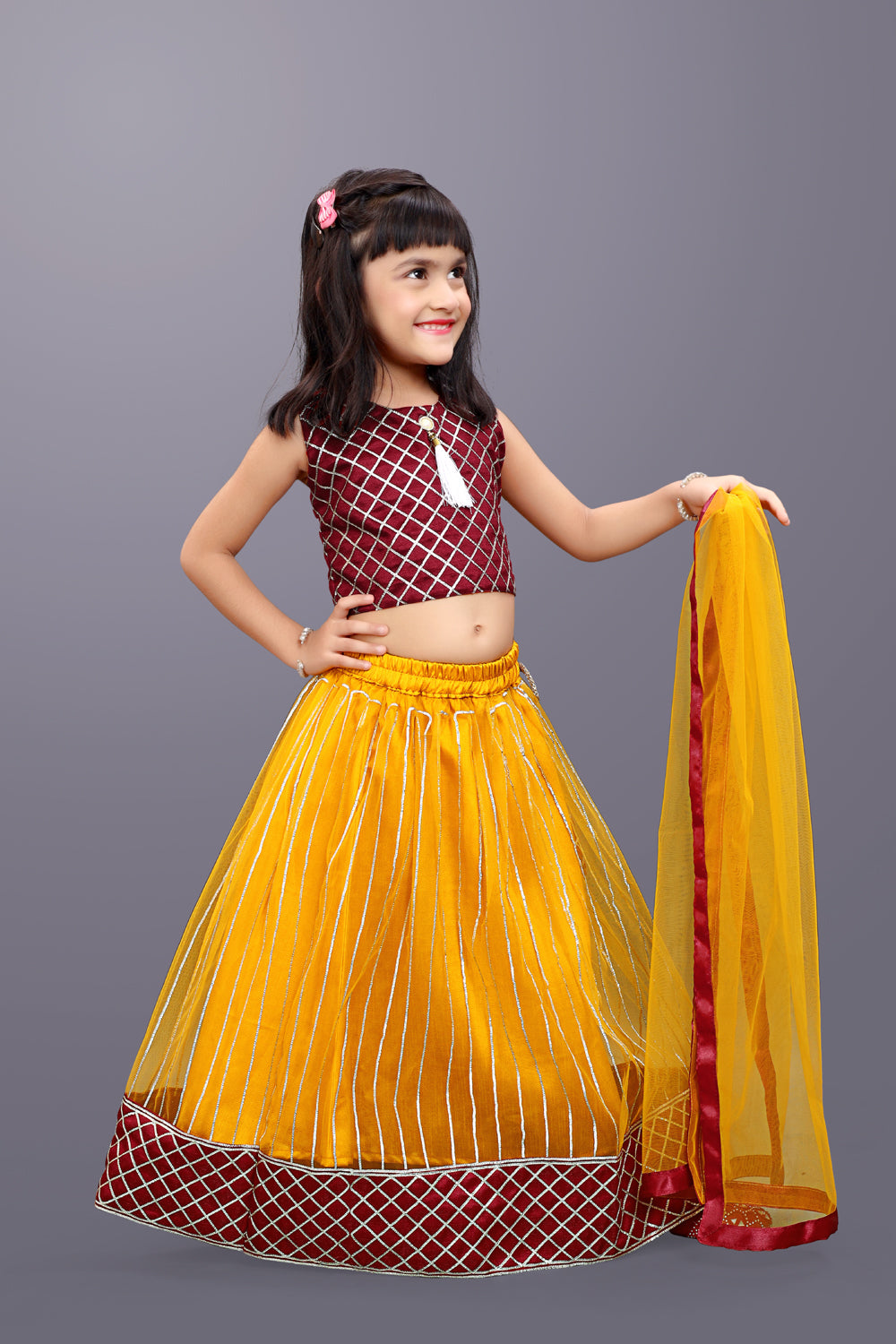 Girls Checkered Lehenga Choli and Dupatta Set