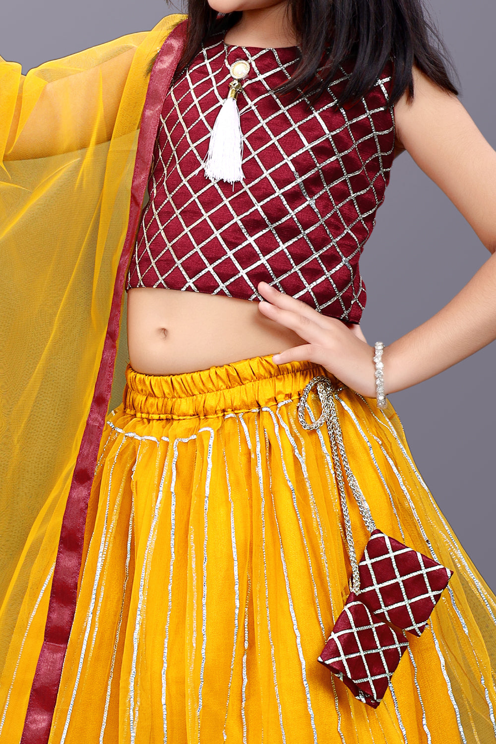 Girls Checkered Lehenga Choli and Dupatta Set