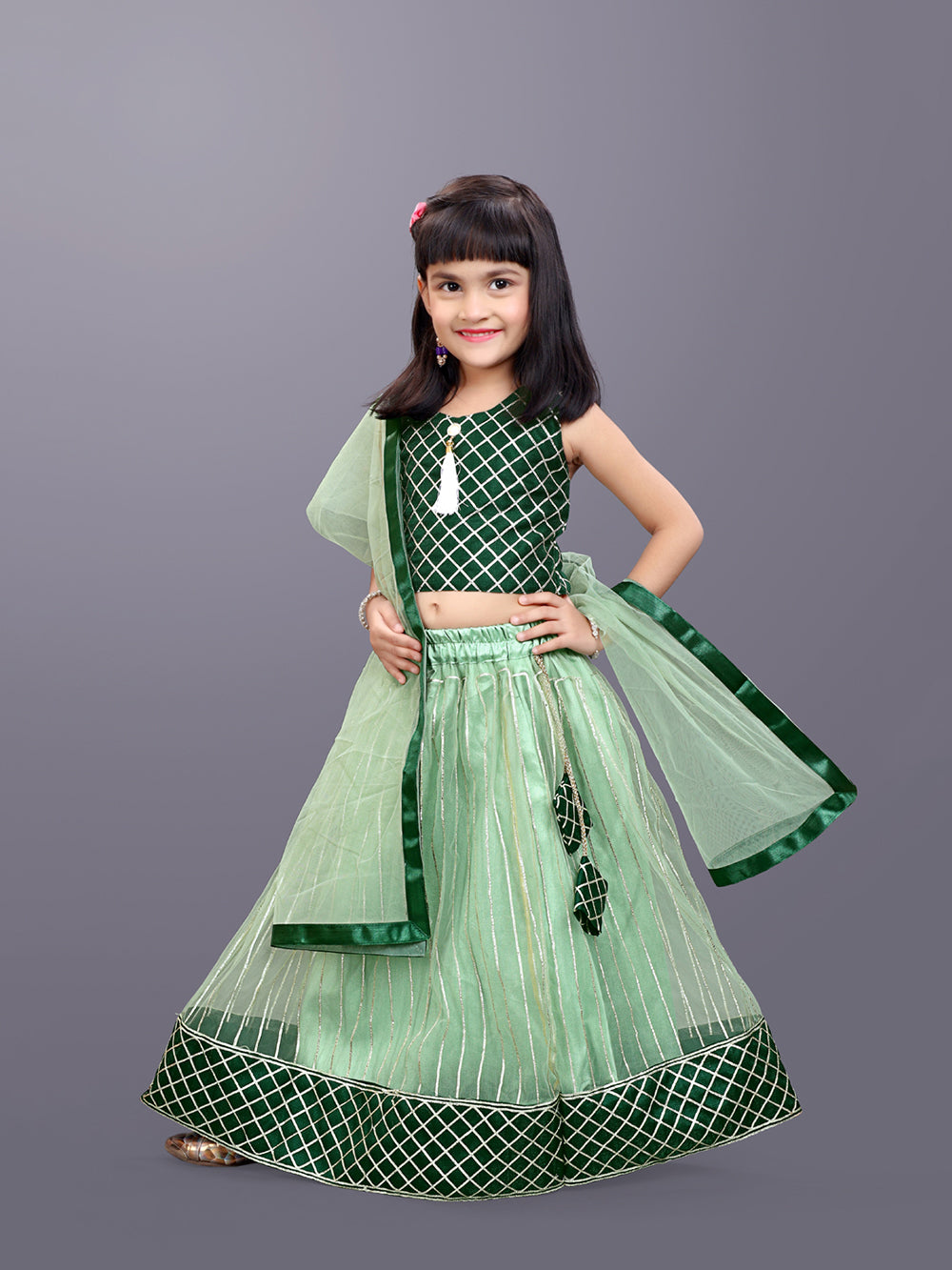 Girls Checkered Lehenga Choli and Dupatta Set