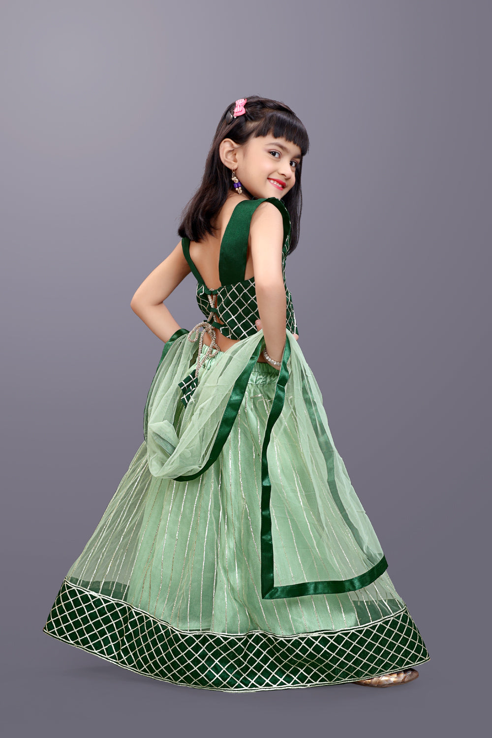 Girls Checkered Lehenga Choli and Dupatta Set