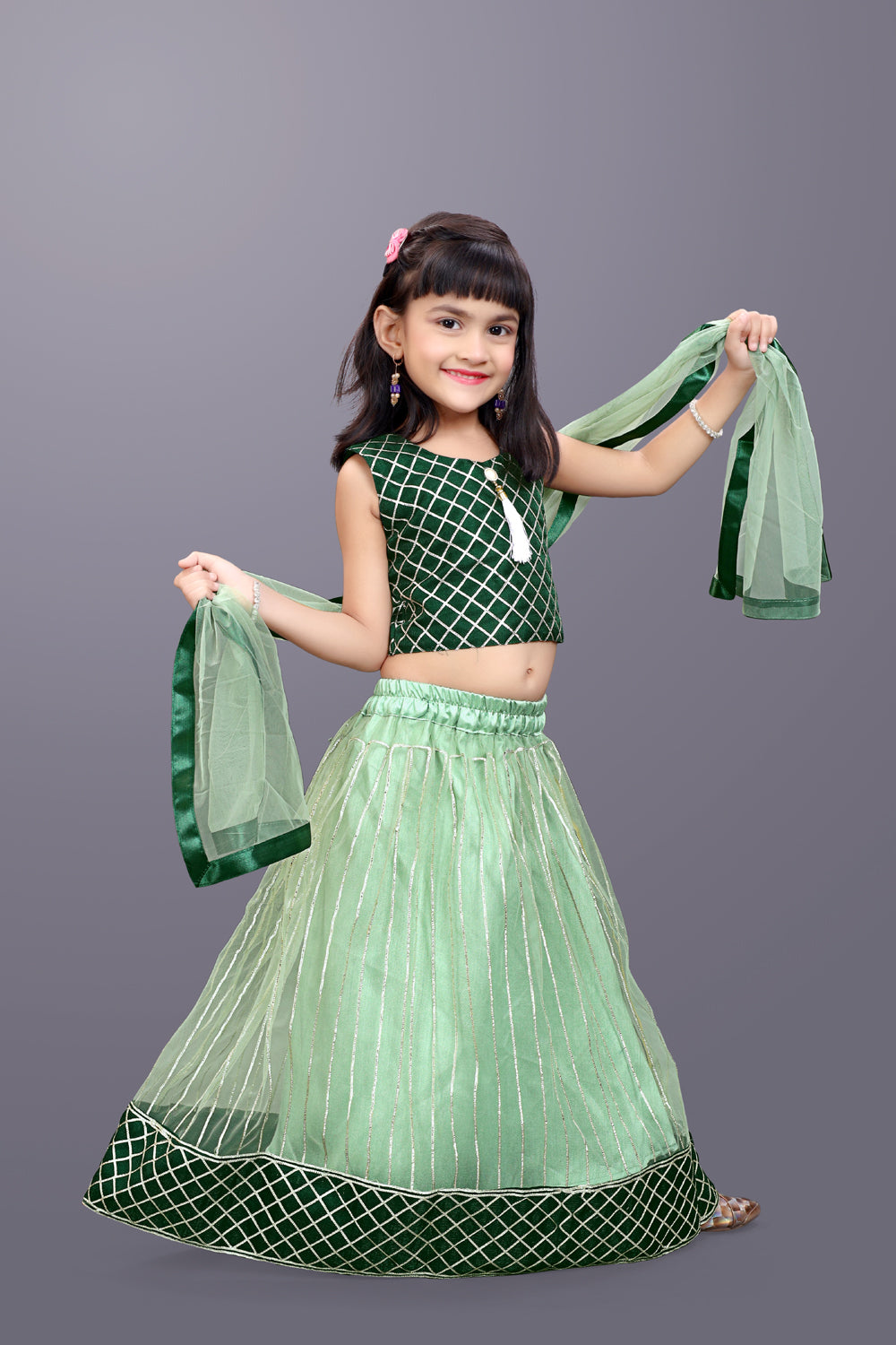 Girls Checkered Lehenga Choli and Dupatta Set
