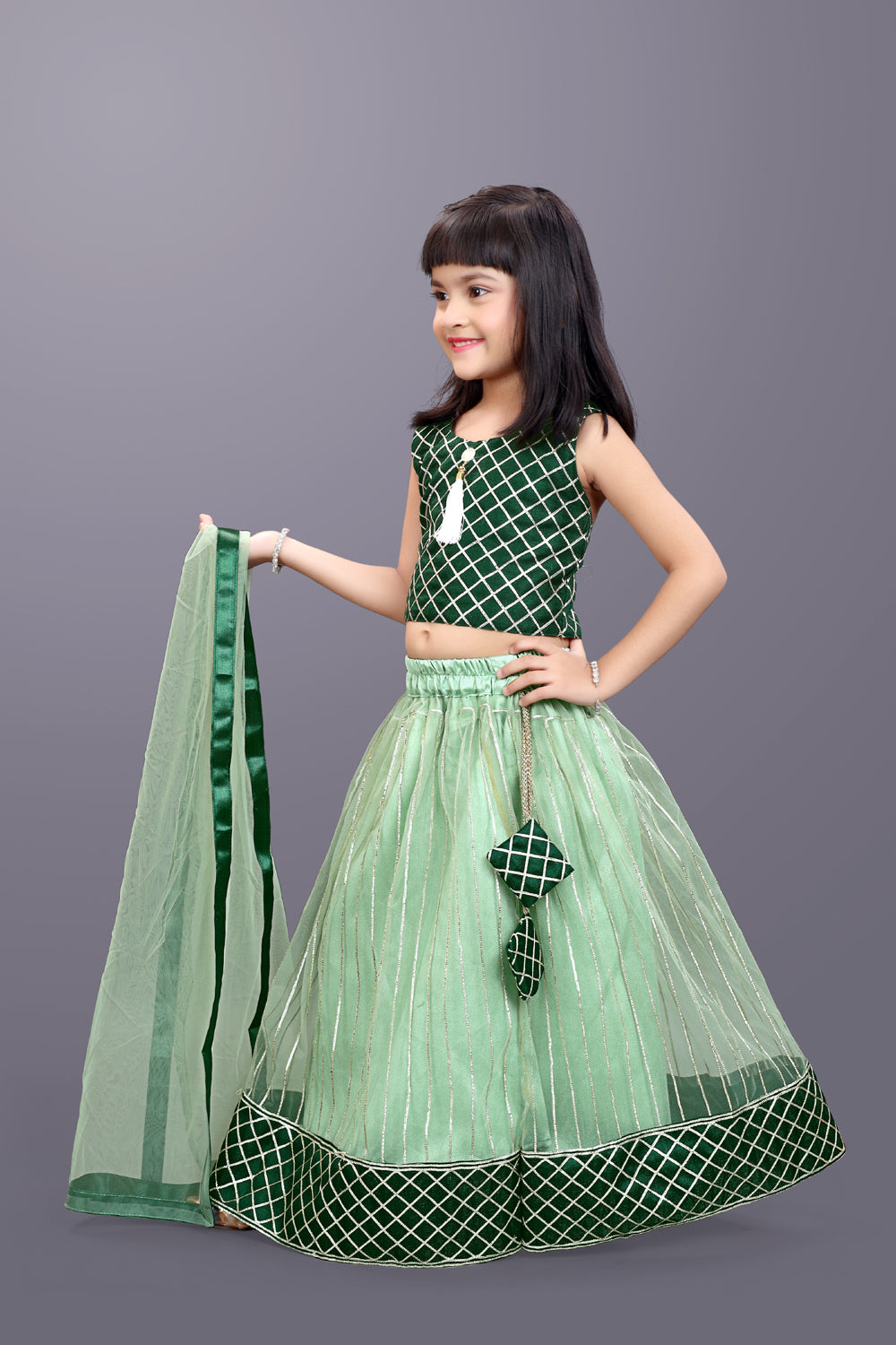 Girls Checkered Lehenga Choli and Dupatta Set