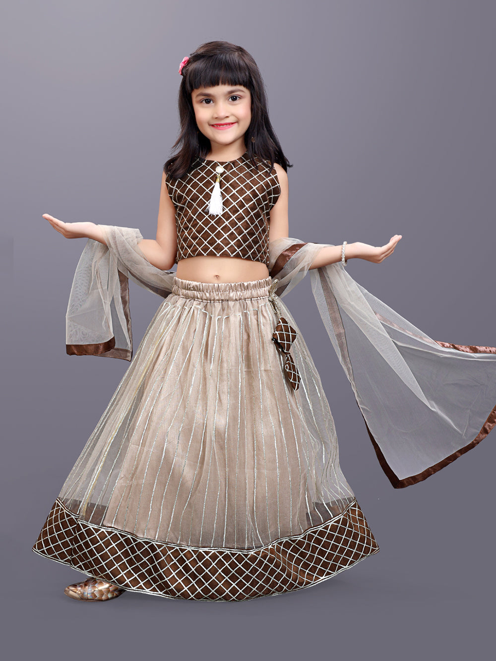 Girls Checkered Lehenga Choli and Dupatta Set