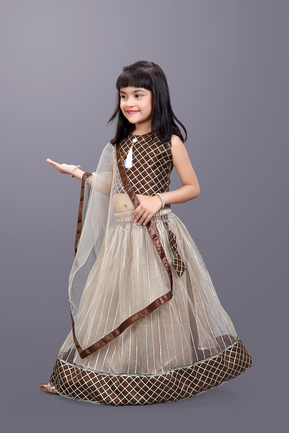 Girls Checkered Lehenga Choli and Dupatta Set