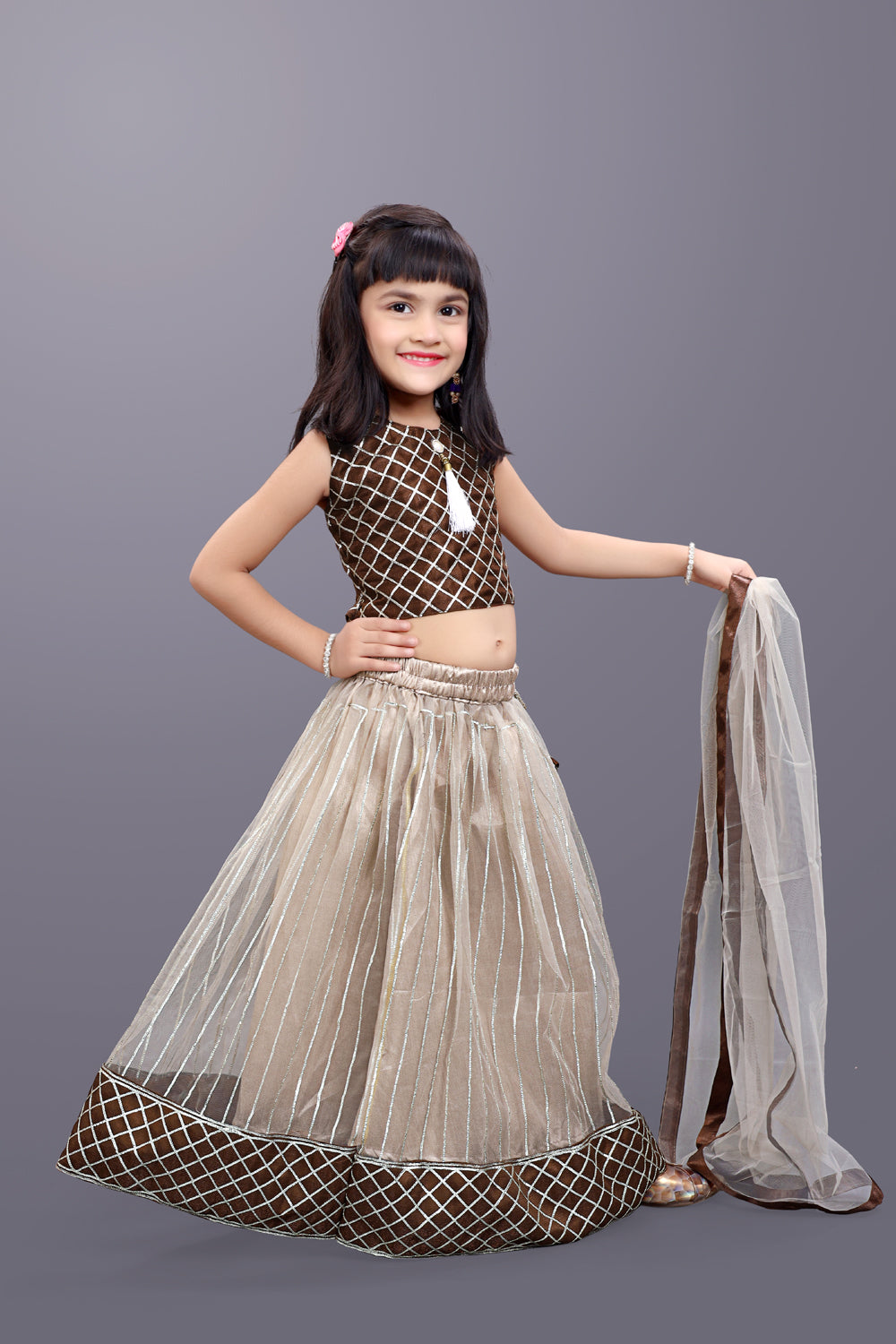 Girls Checkered Lehenga Choli and Dupatta Set