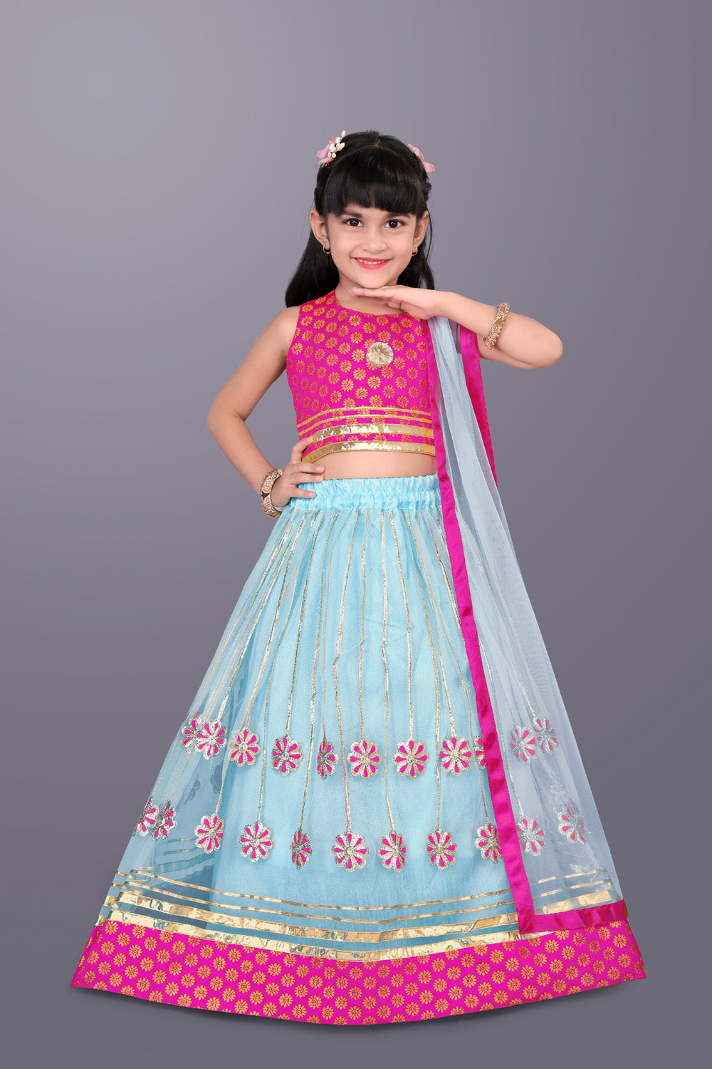 Girls Floral Embroidered Lehenga Choli Set with Dupatta