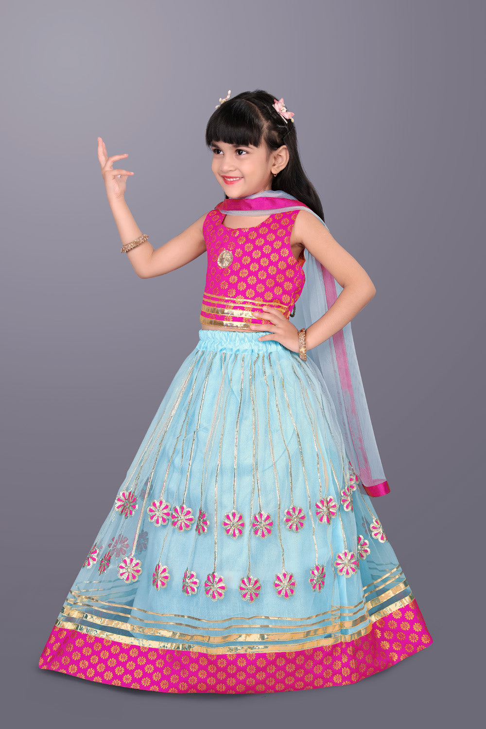 Girls Floral Embroidered Lehenga Choli Set with Dupatta