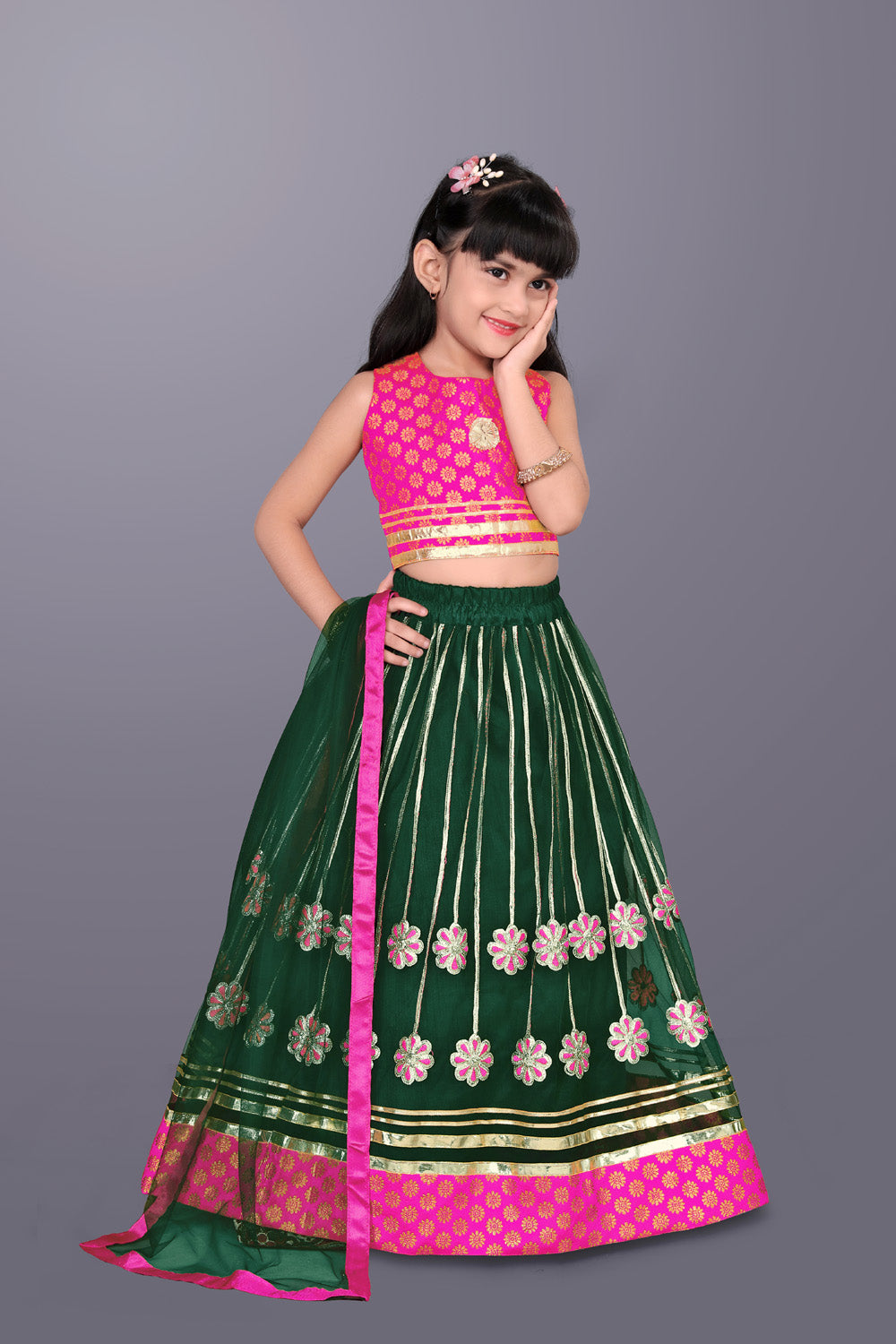 Girls Floral Embroidered Lehenga Choli Set with Dupatta