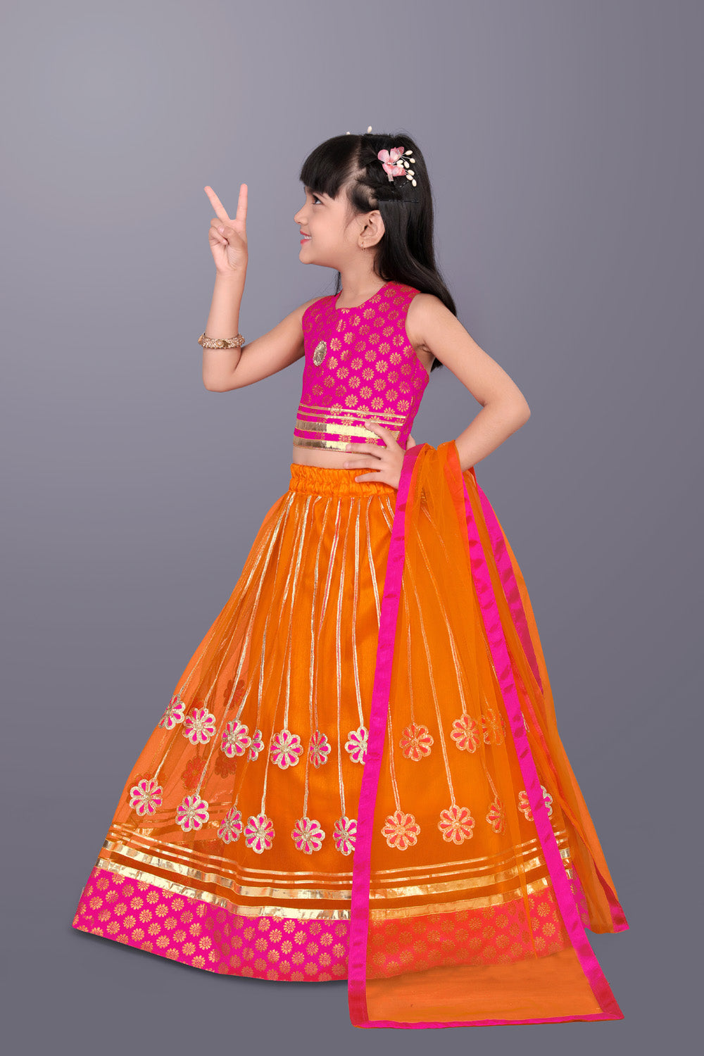 Girls Floral Embroidered Lehenga Choli Set with Dupatta