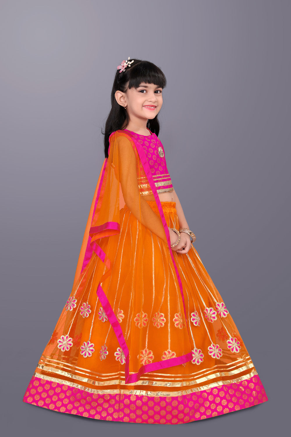 Girls Floral Embroidered Lehenga Choli Set with Dupatta