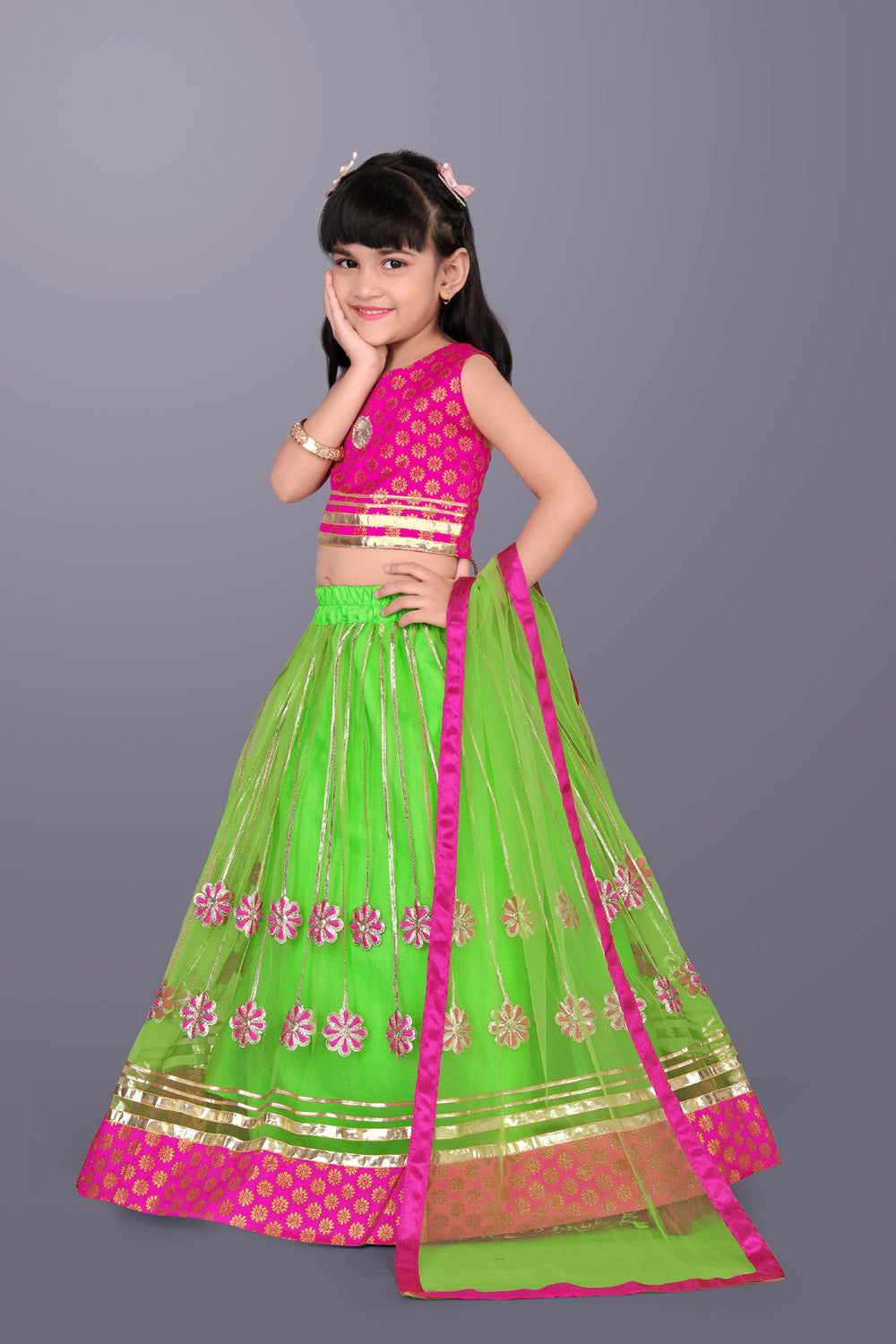 Girls Floral Embroidered Lehenga Choli Set with Dupatta