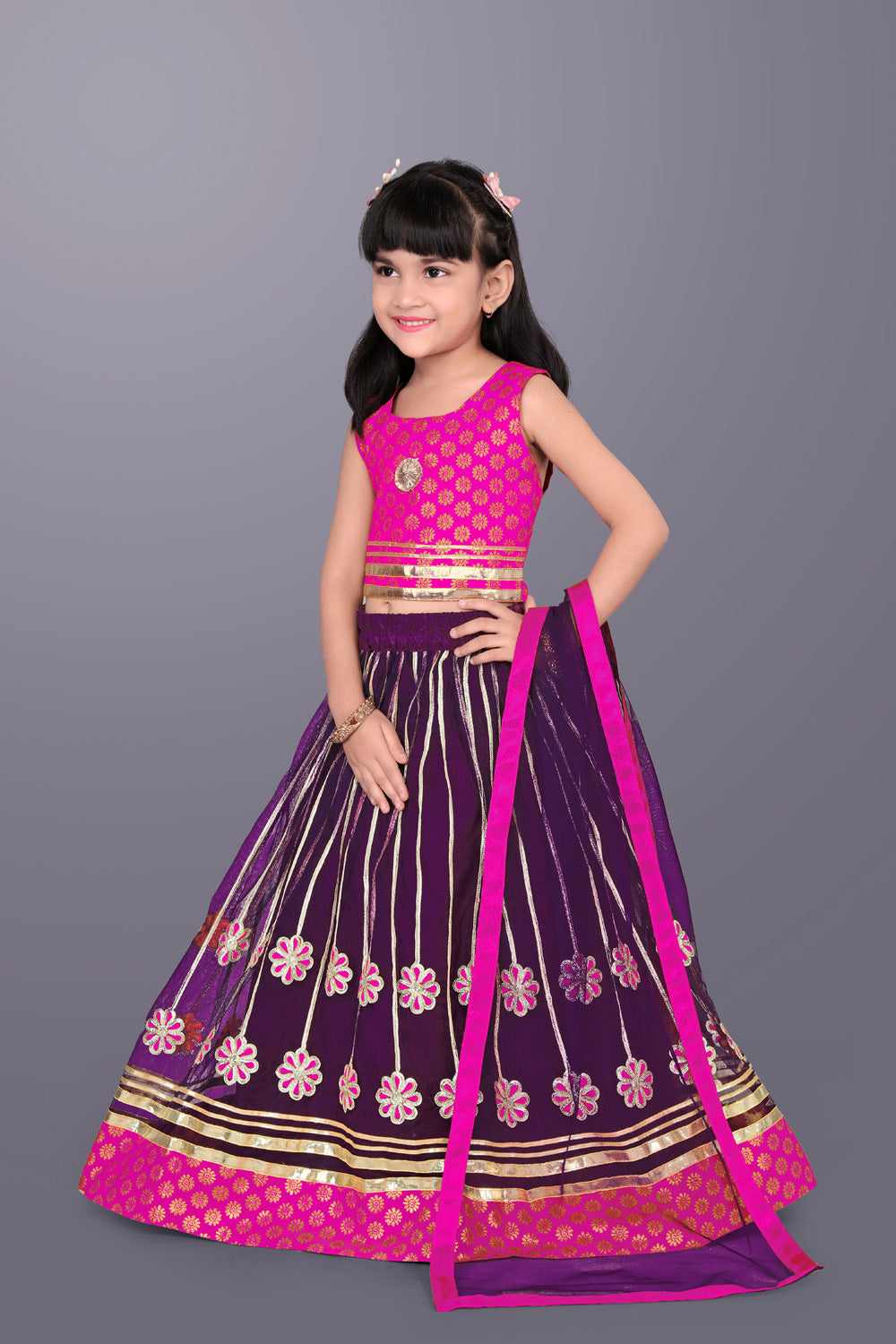 Girls Floral Embroidered Lehenga Choli Set with Dupatta