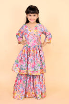 Girls Floral Kurti Sharara Set Beige Brown Festive Ethnic Wear Kids Wedding Outfit