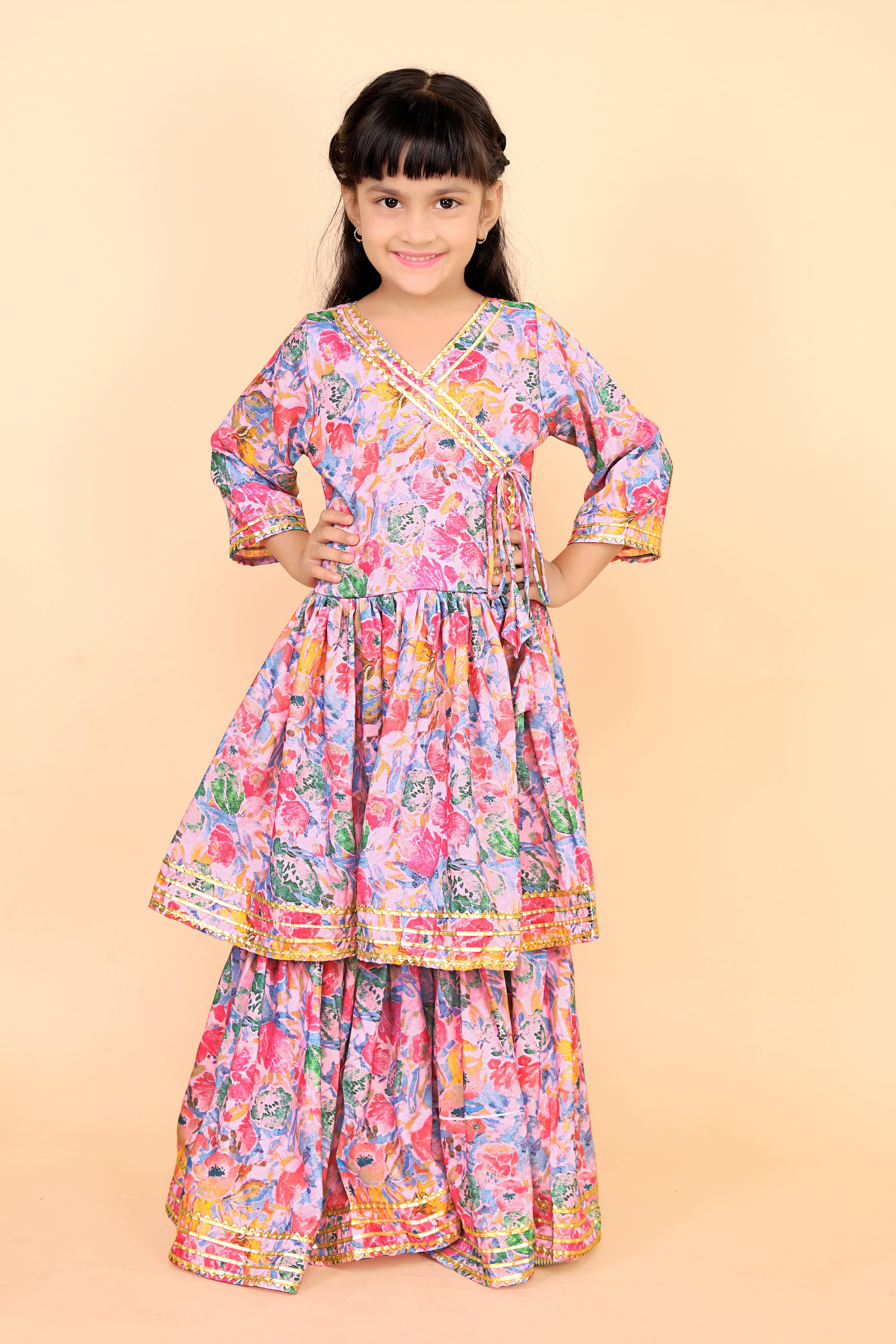 Girls Floral Kurti Sharara Set Beige Brown Festive Ethnic Wear Kids Wedding Outfit