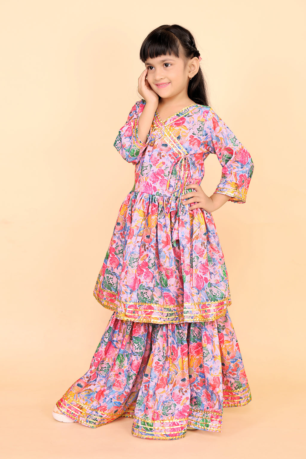 Girls Floral Kurti Sharara Set Beige Brown Festive Ethnic Wear Kids Wedding Outfit