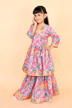 Girls Floral Kurti Sharara Set Beige Brown Festive Ethnic Wear Kids Wedding Outfit