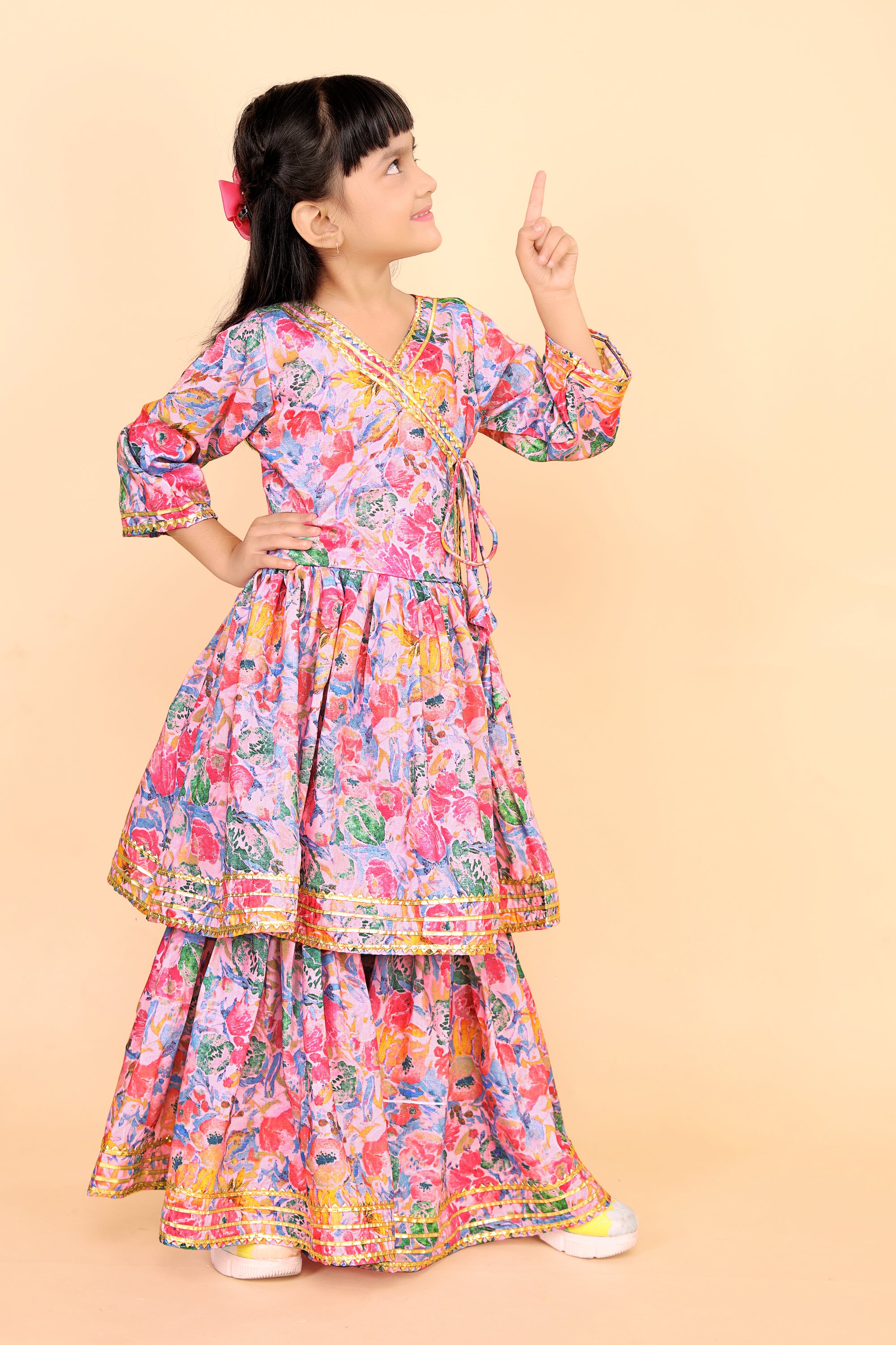 Girls Floral Kurti Sharara Set Beige Brown Festive Ethnic Wear Kids Wedding Outfit