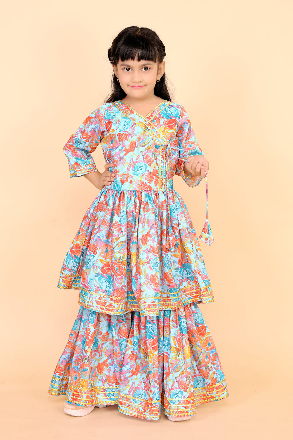 Girls Floral Kurti Sharara Set Beige Brown Festive Ethnic Wear Kids Wedding Outfit