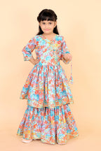 Girls Floral Kurti Sharara Set Beige Brown Festive Ethnic Wear Kids Wedding Outfit