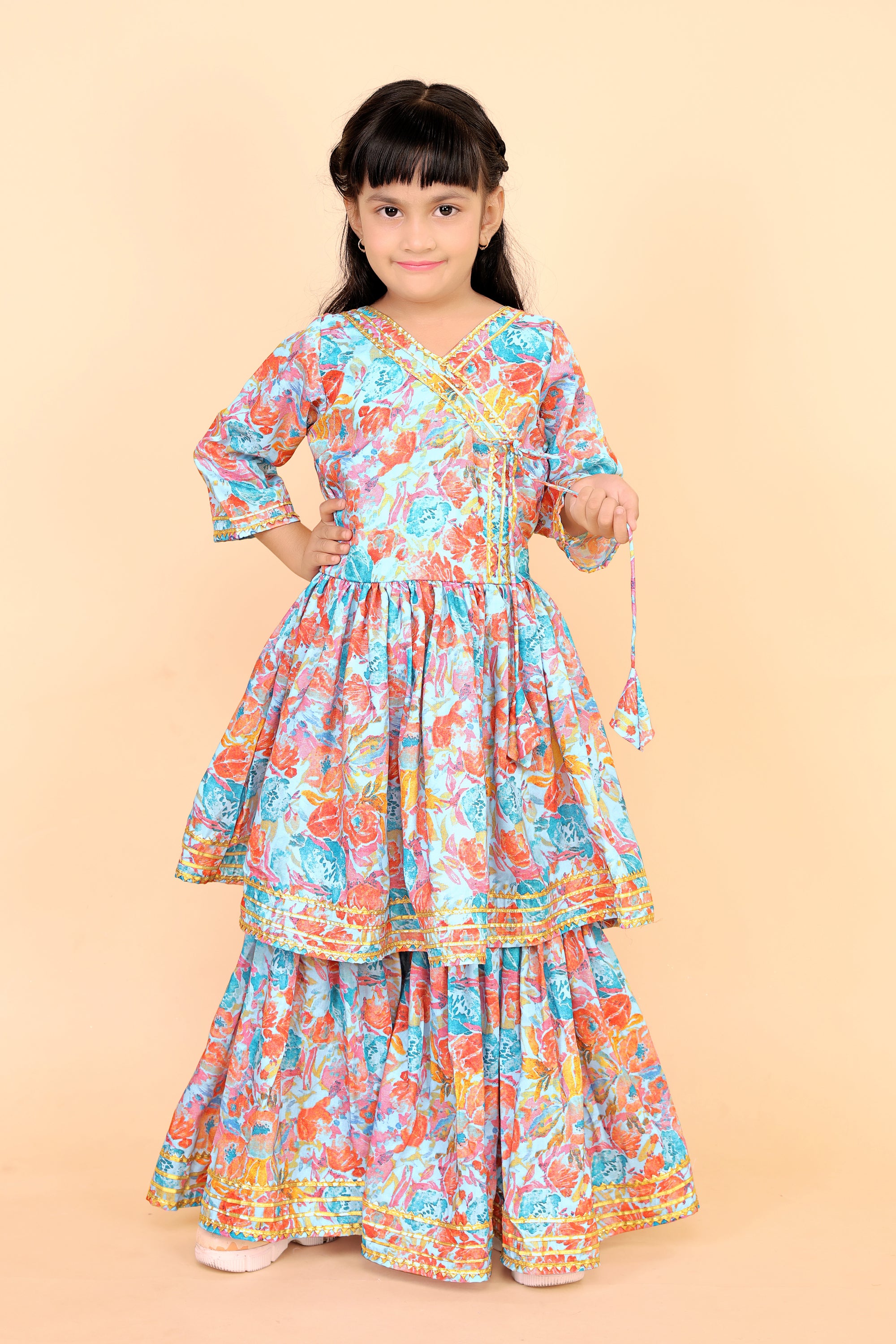 Girls Floral Kurti Sharara Set Beige Brown Festive Ethnic Wear Kids Wedding Outfit
