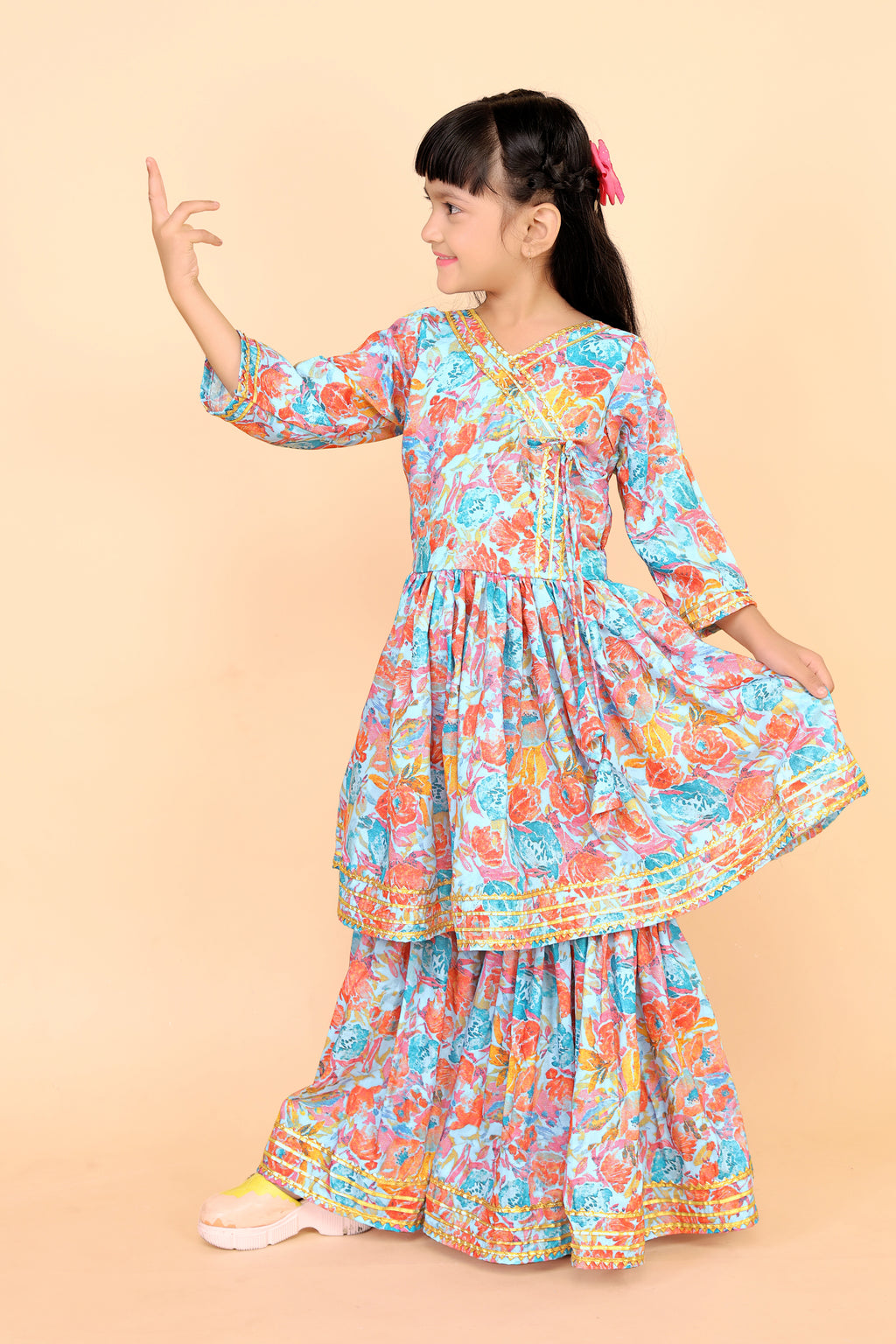 Girls Floral Kurti Sharara Set Beige Brown Festive Ethnic Wear Kids Wedding Outfit