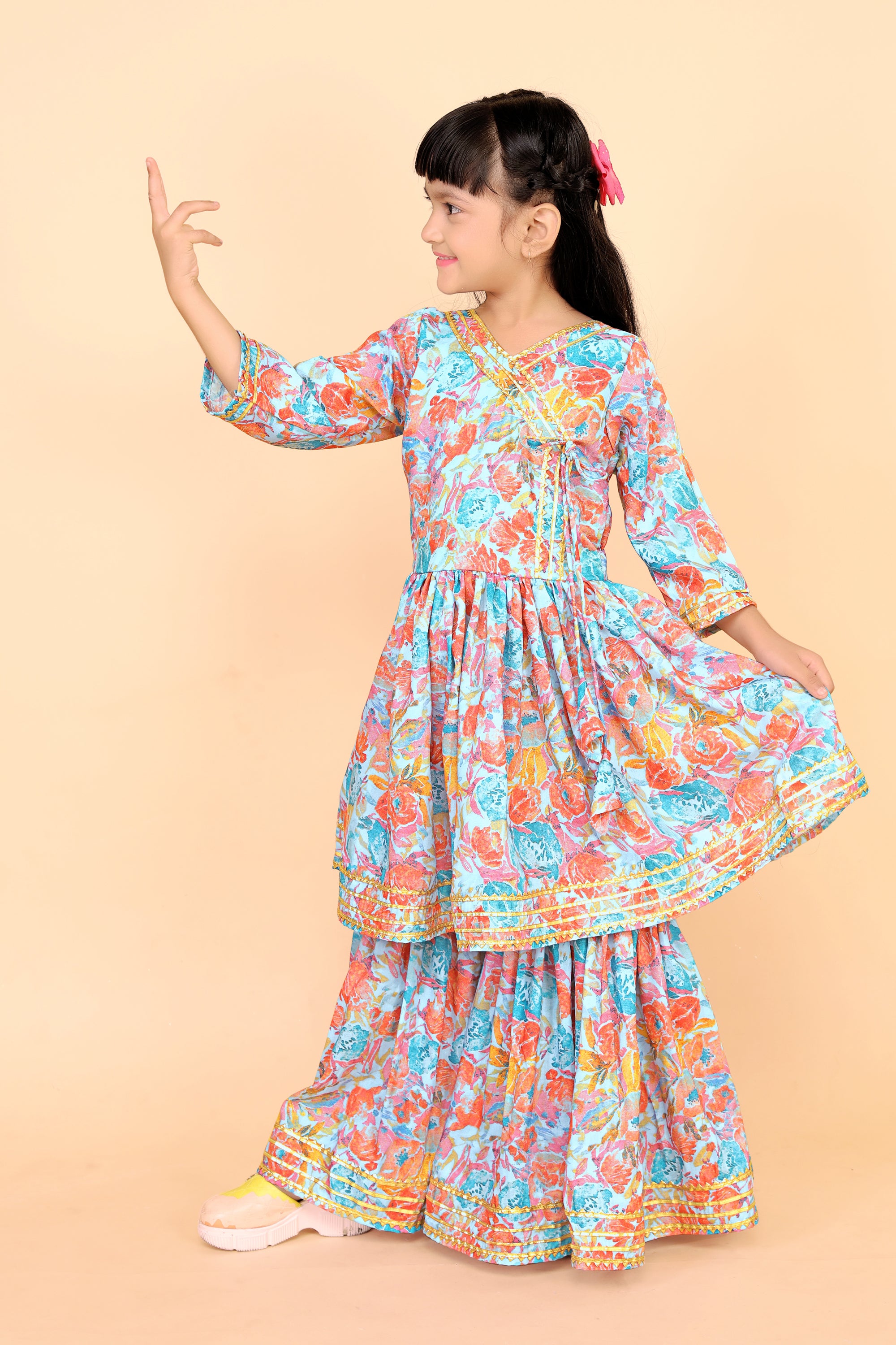 Girls Floral Kurti Sharara Set Beige Brown Festive Ethnic Wear Kids Wedding Outfit