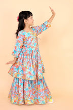 Girls Floral Kurti Sharara Set Beige Brown Festive Ethnic Wear Kids Wedding Outfit