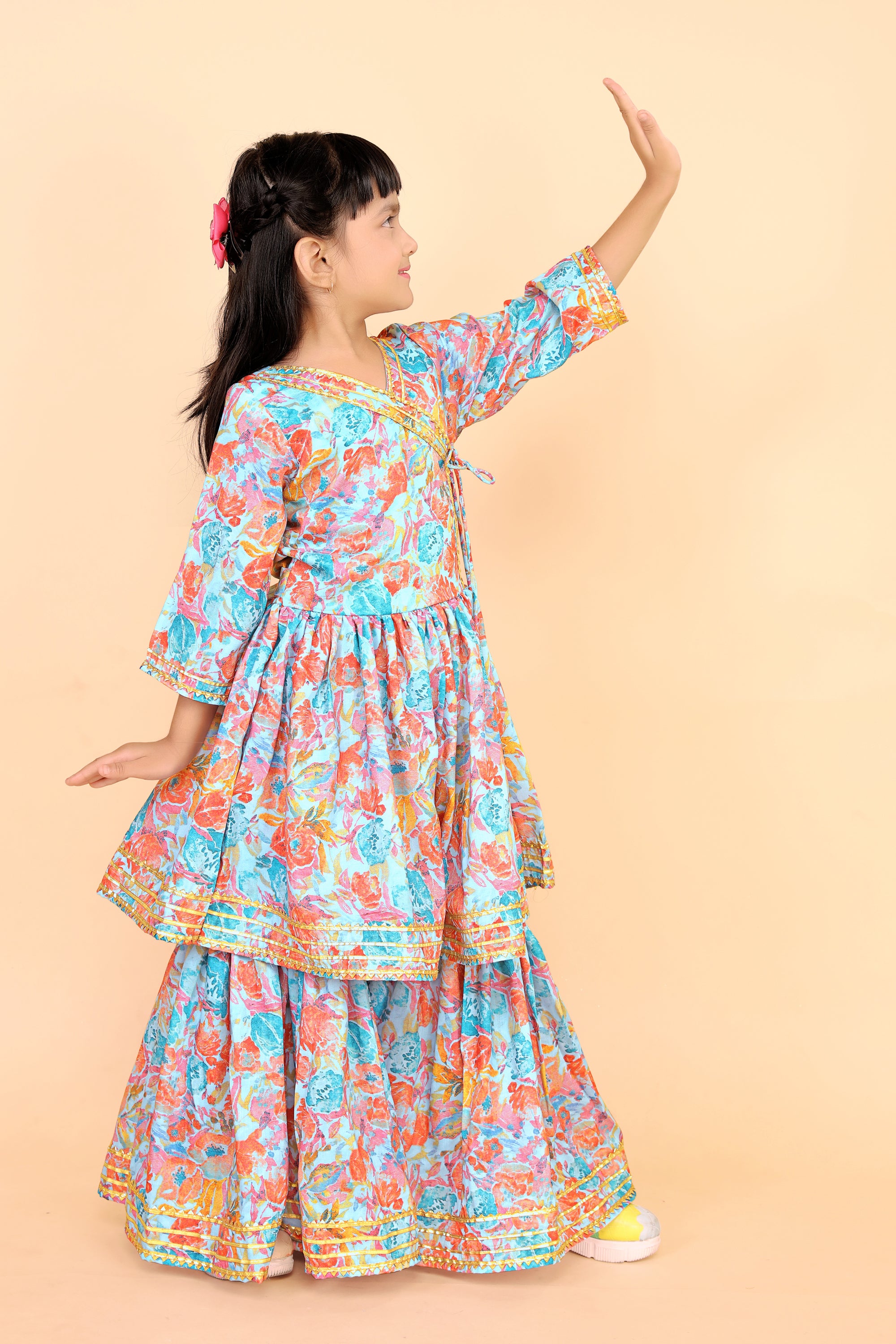 Girls Floral Kurti Sharara Set Beige Brown Festive Ethnic Wear Kids Wedding Outfit