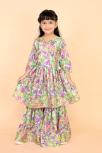 Girls Floral Kurti Sharara Set Beige Brown Festive Ethnic Wear Kids Wedding Outfit
