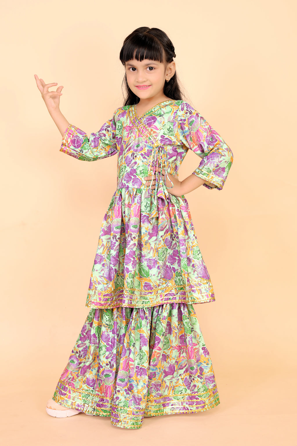Girls Floral Kurti Sharara Set Beige Brown Festive Ethnic Wear Kids Wedding Outfit