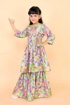 Girls Floral Kurti Sharara Set Beige Brown Festive Ethnic Wear Kids Wedding Outfit