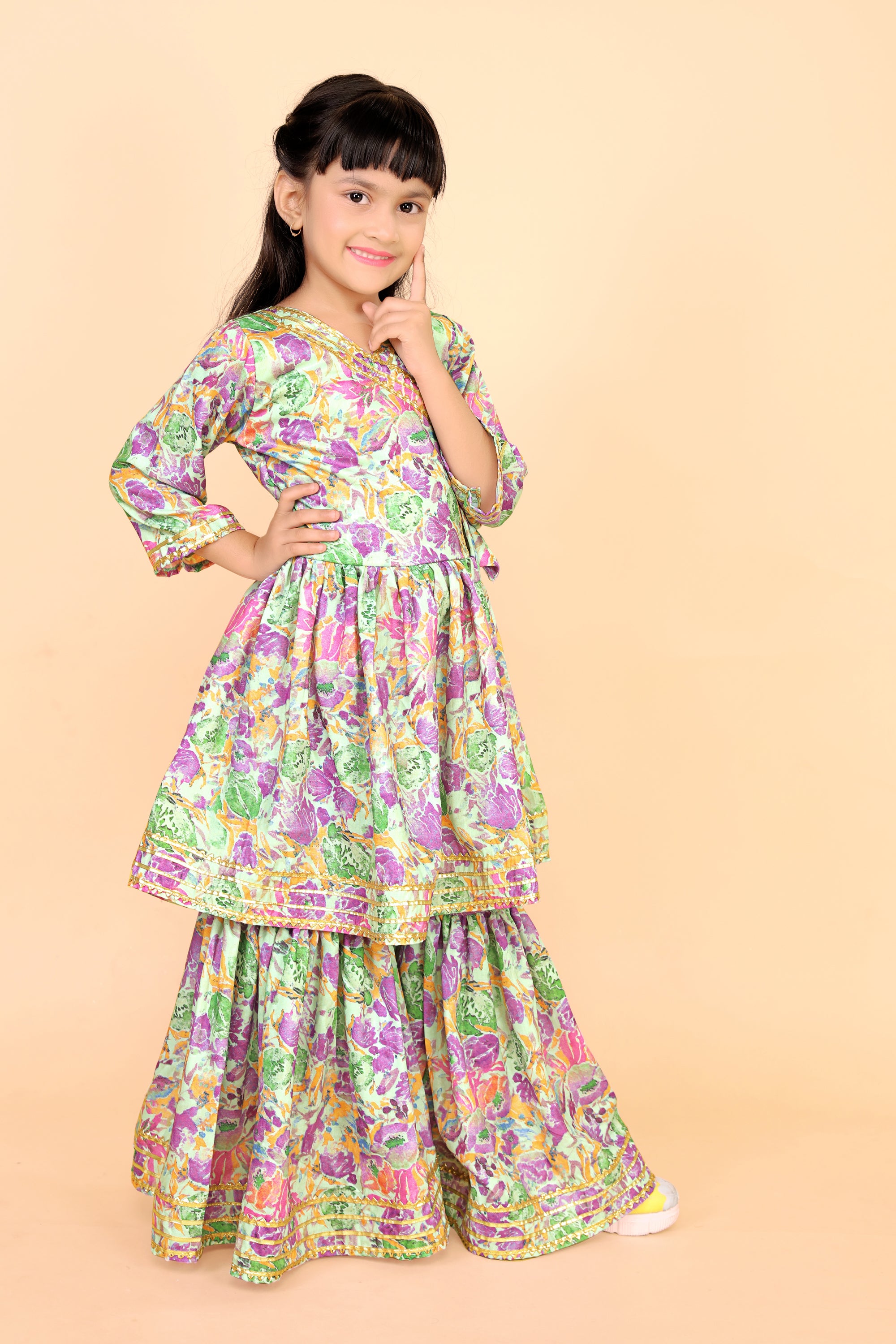 Girls Floral Kurti Sharara Set Beige Brown Festive Ethnic Wear Kids Wedding Outfit