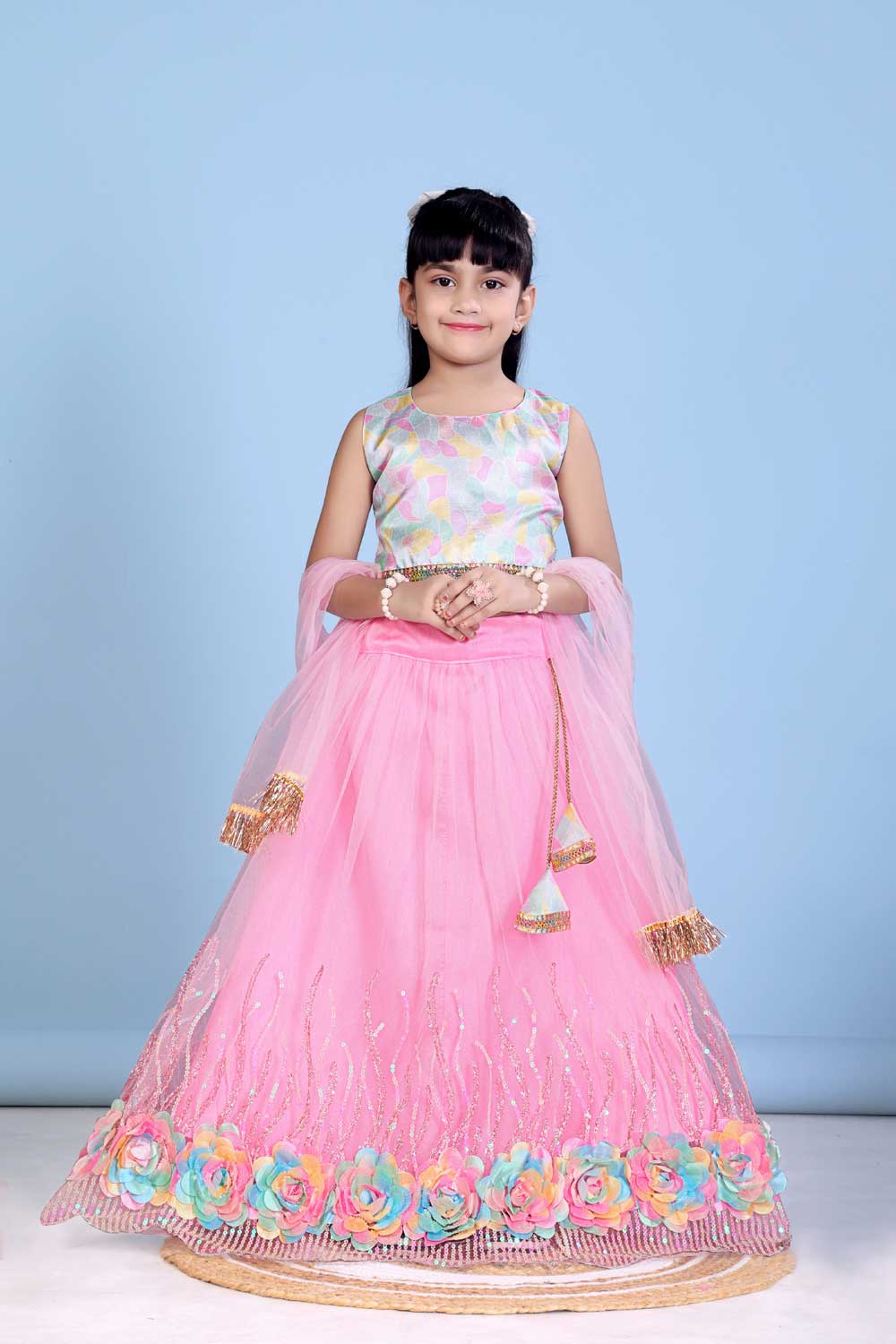 Baby Girl Lehenga Set with 3D Floral Hem & Dupatta