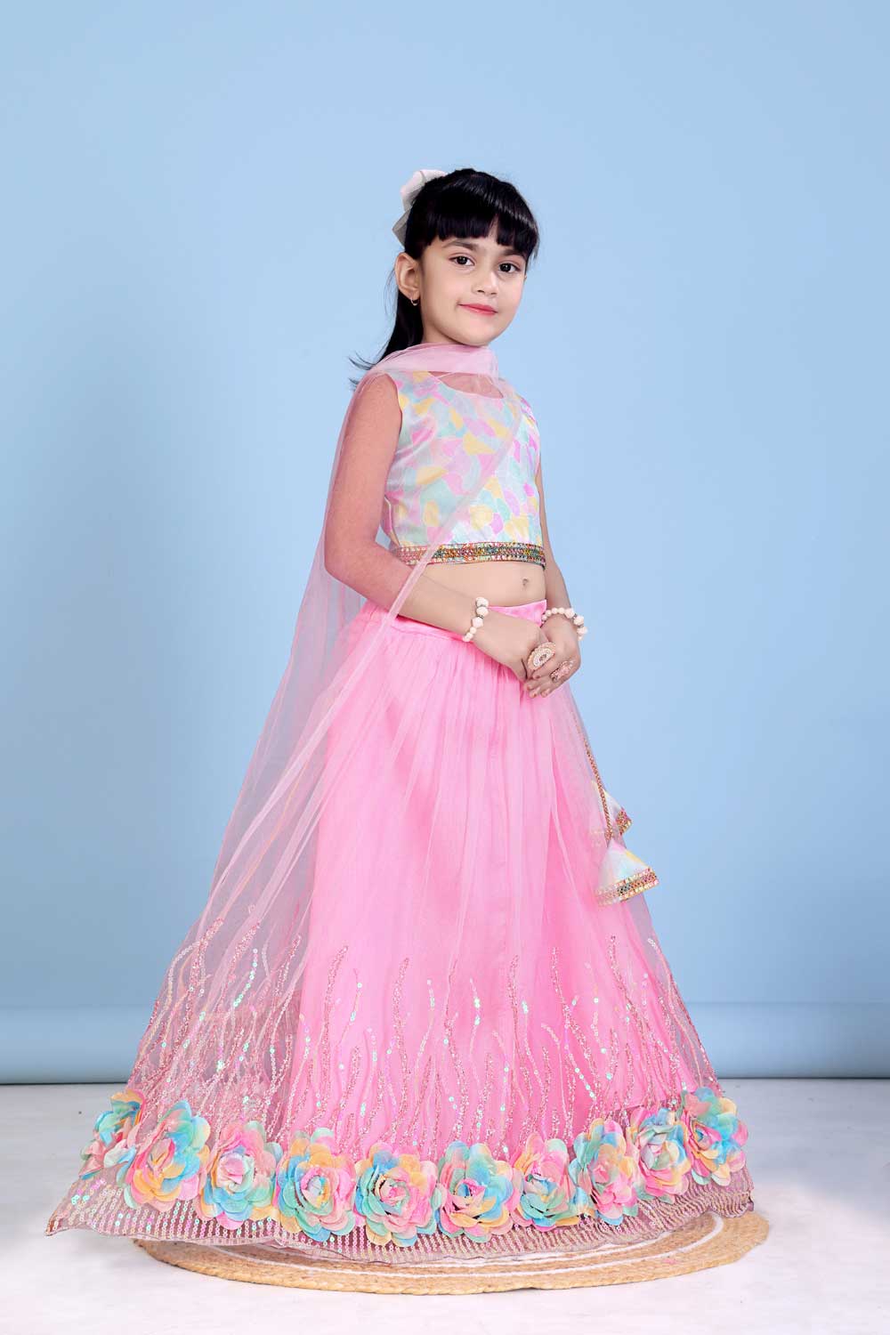 Baby Girl Lehenga Set with 3D Floral Hem & Dupatta