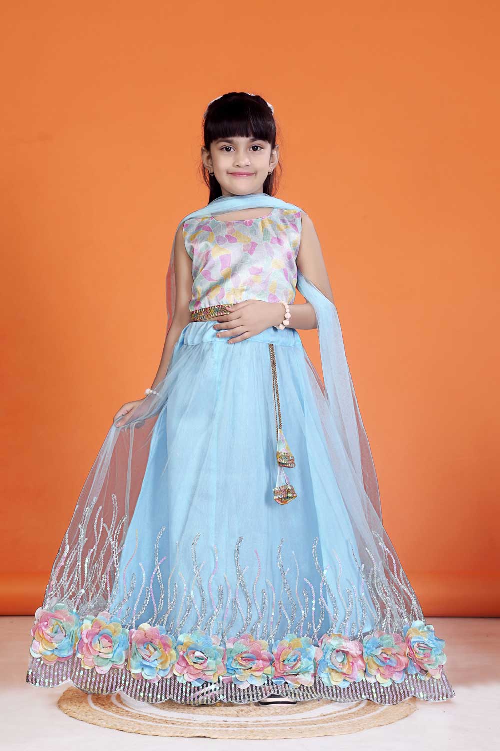 Baby Girl Lehenga Set with 3D Floral Hem & Dupatta