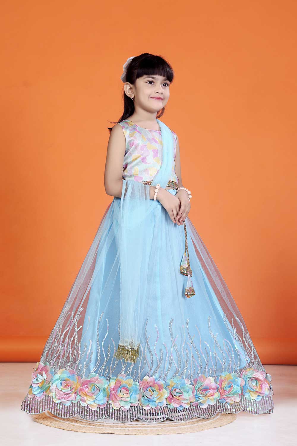 Baby Girl Lehenga Set with 3D Floral Hem & Dupatta